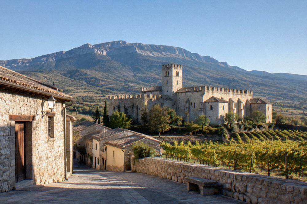 A quiet stone village street with low houses and a mountain ridge in the background