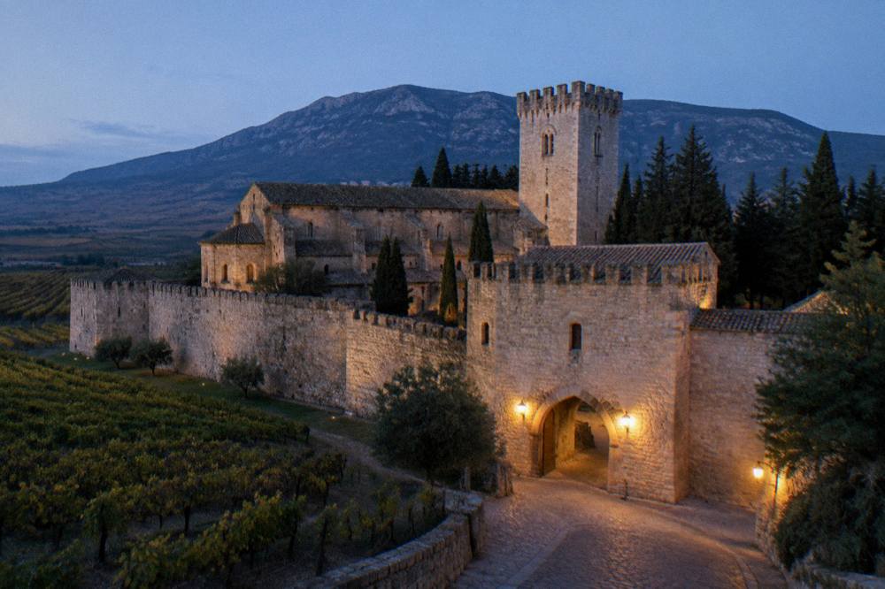 A walled monastery gatehouse at dusk with warm light on old stone and dark trees behind