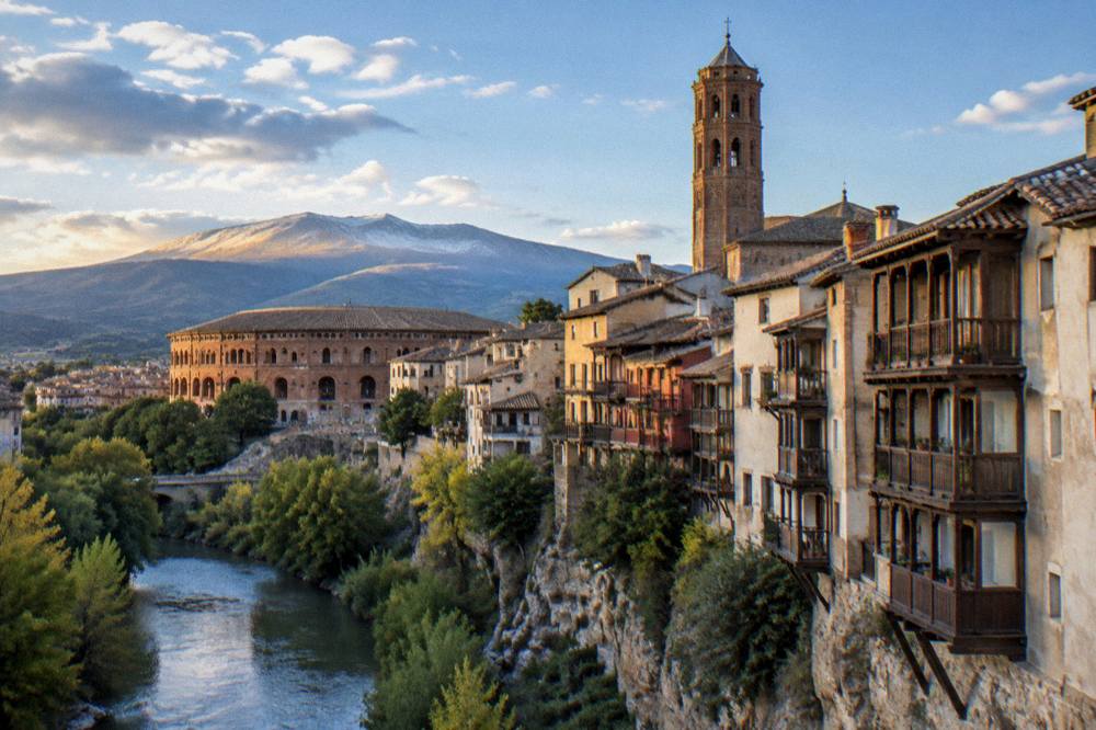 Sunset light over the ridgeline of the Moncayo massif seen from a valley village