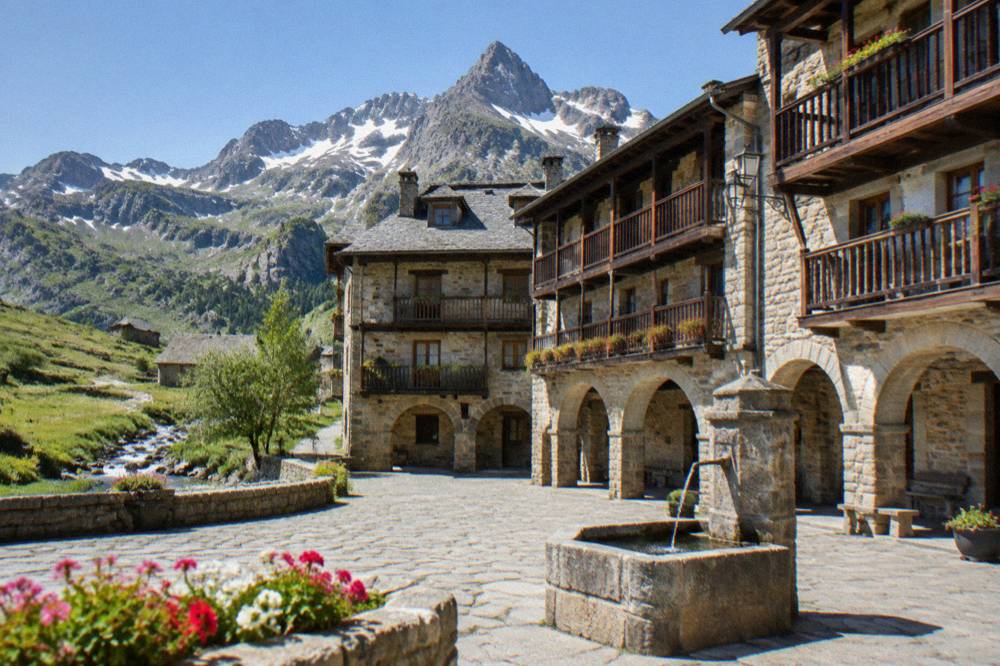 Medieval arcaded stone plaza with wooden balconies under mountains