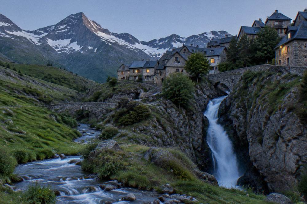 Waterfall dropping through a narrow rock gorge beside a small village