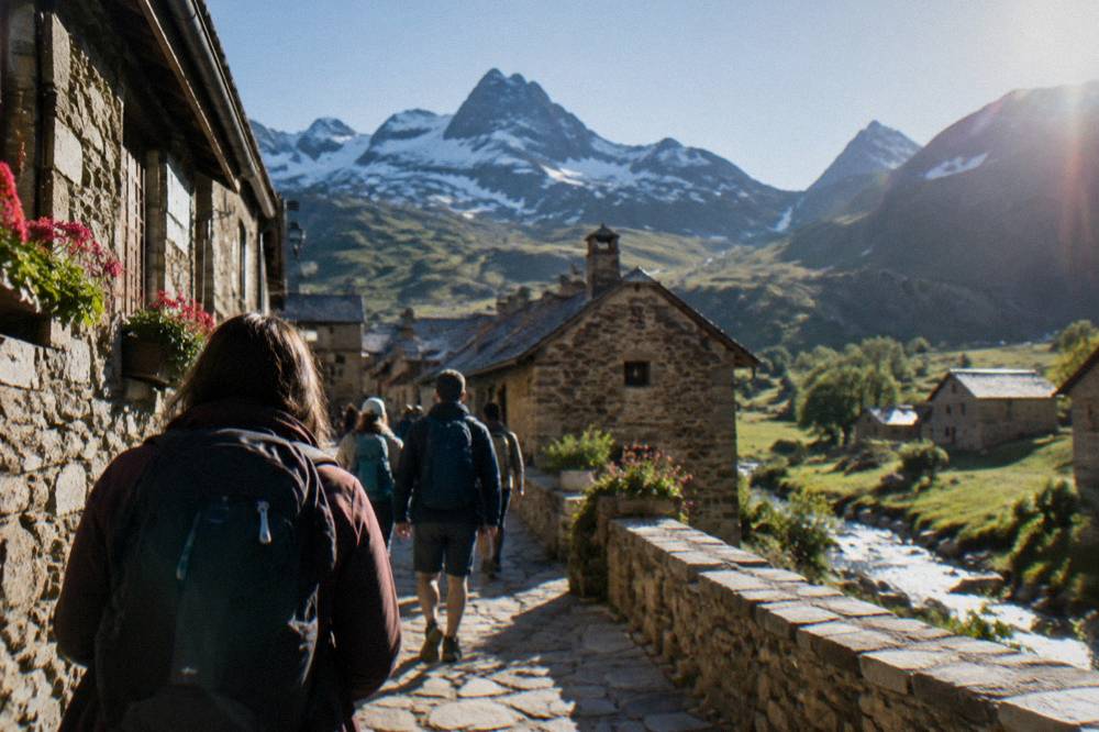Tour group walking along a stone street in a small mountain town