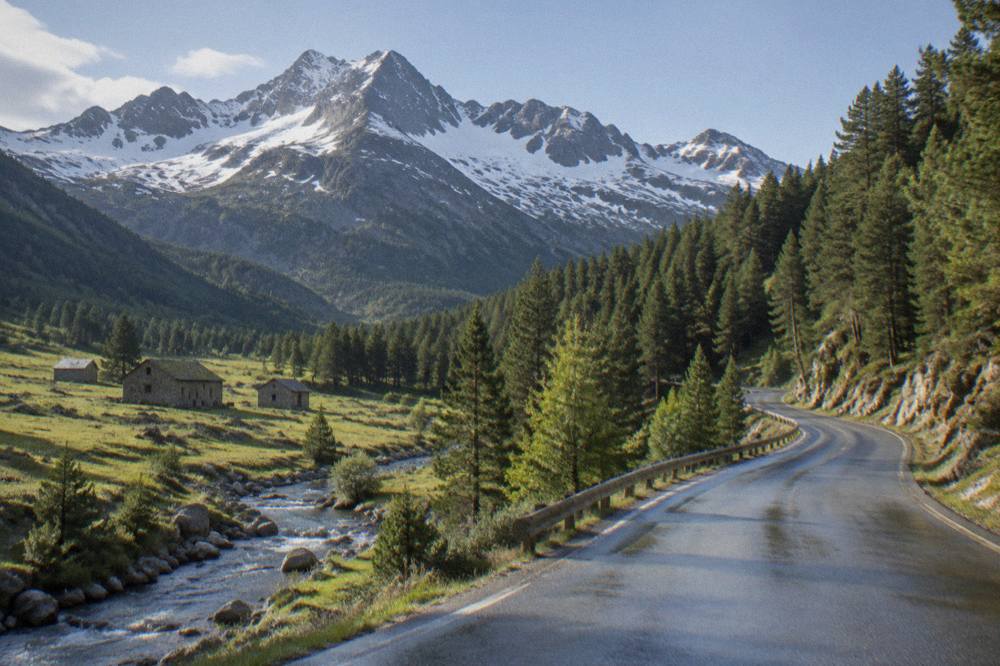 A winding mountain road through pine forest in the Aragonese Pyrenees foothills