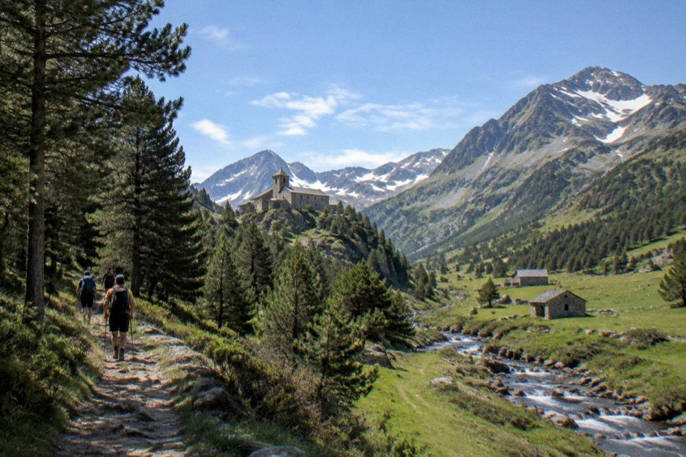 Hikers on a forest path between pine trees on the way to the upper monastery