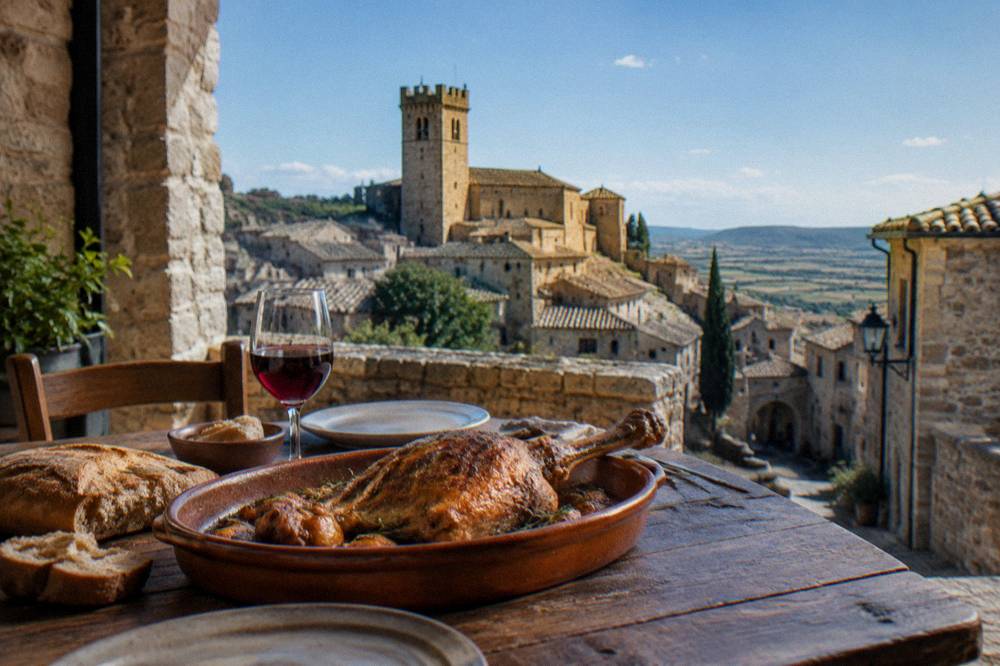 A rustic table with roasted lamb, bread and red wine in a stone-walled restaurant