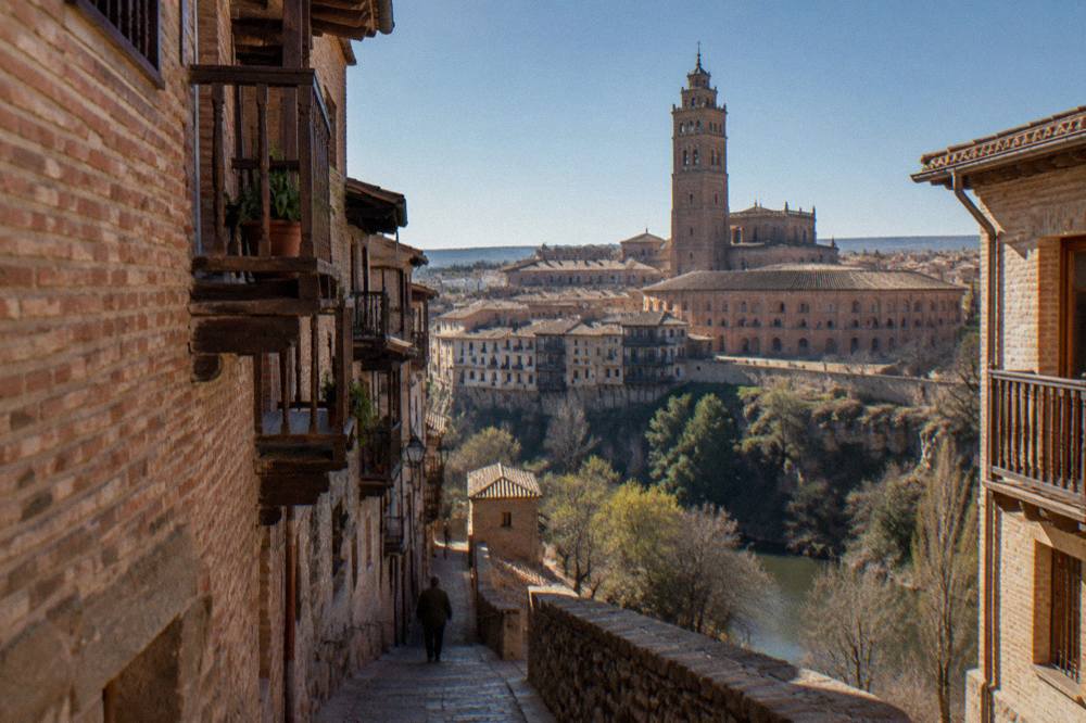 A narrow steep street in Tarazona with old brick walls and wooden balconies