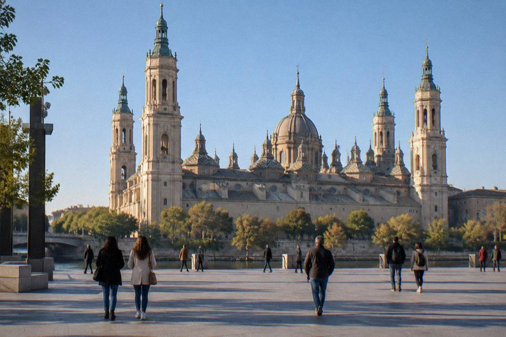Visitors walking across a plaza in Zaragoza with the Basilica del Pilar towers behind them