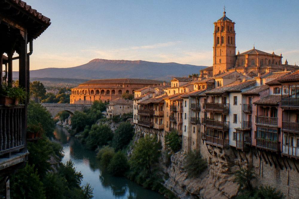 Sunset light on the rooftops of Tarazona with the Moncayo ridge silhouetted behind