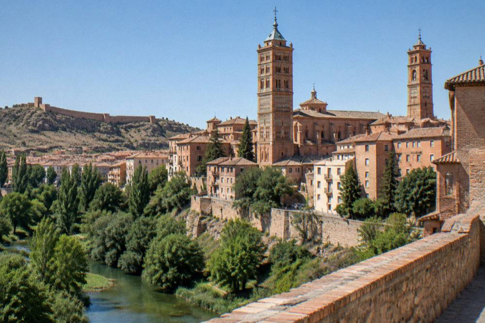 Reddish medieval walls of a hill town above a green river valley
