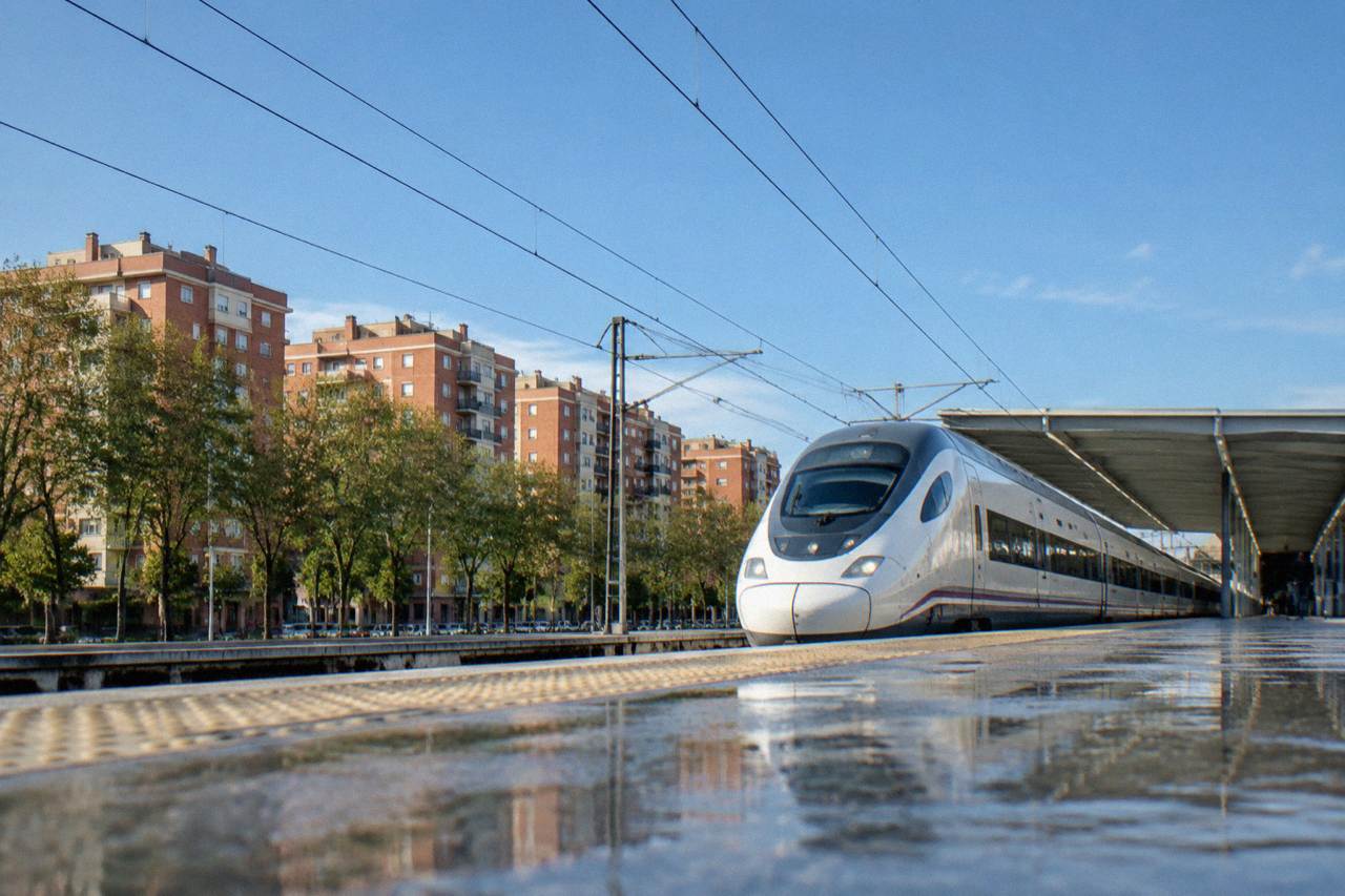 A high-speed train standing at a modern station platform under a wide sky