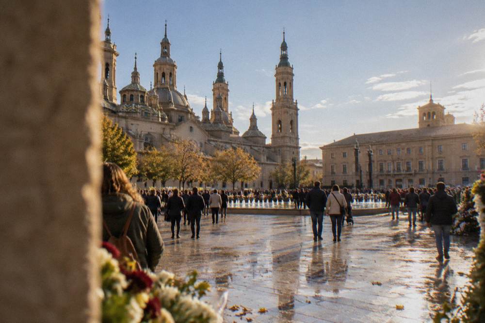 Crowds and flower offerings filling Plaza del Pilar during the Fiestas del Pilar in October