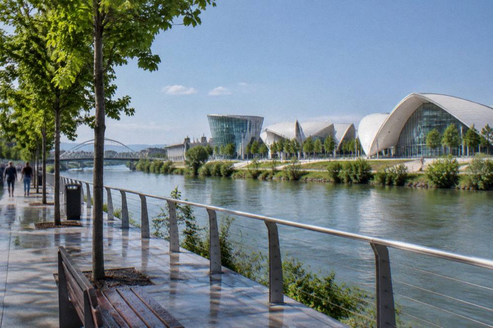 The modern riverside buildings and promenade along the Ebro near the Expo site in Zaragoza