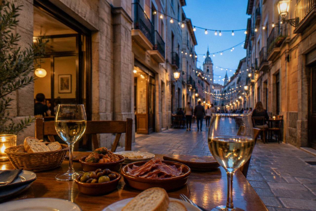 A table of small tapas dishes with bread, olives and wine glasses in a warmly lit dining room