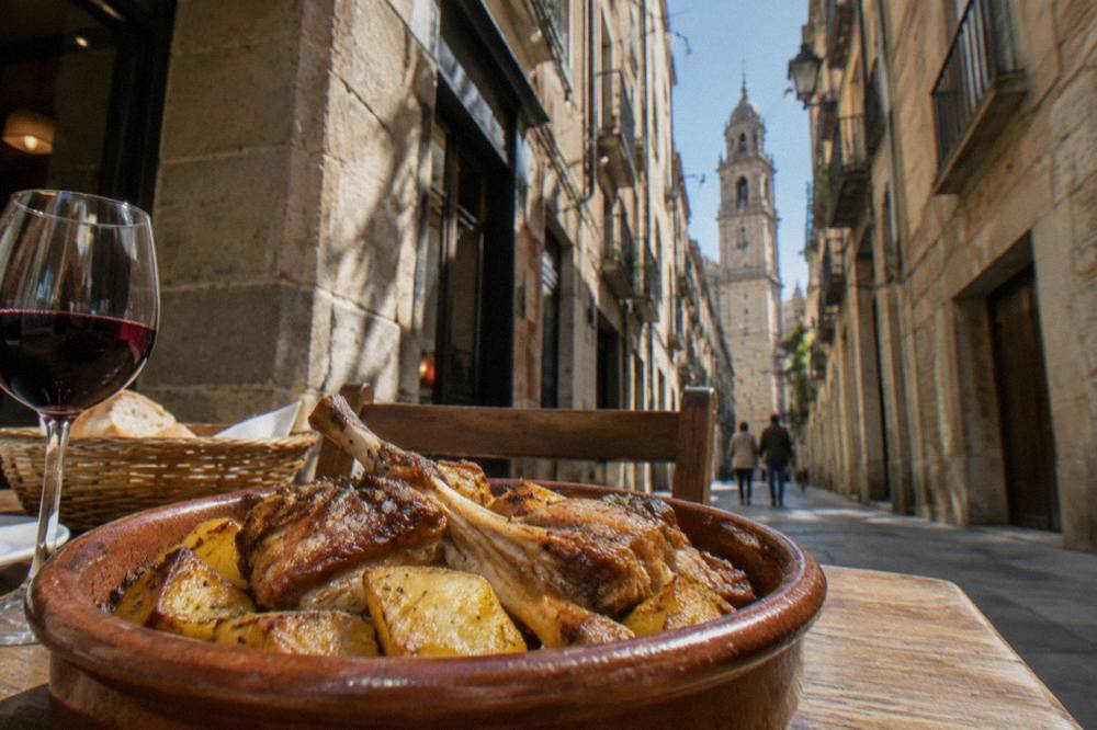 A clay dish of roasted young lamb with potatoes on a rustic restaurant table