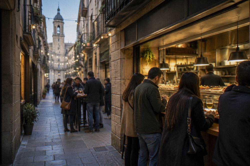 A busy tapas counter with people standing and eating small plates in a traditional bar