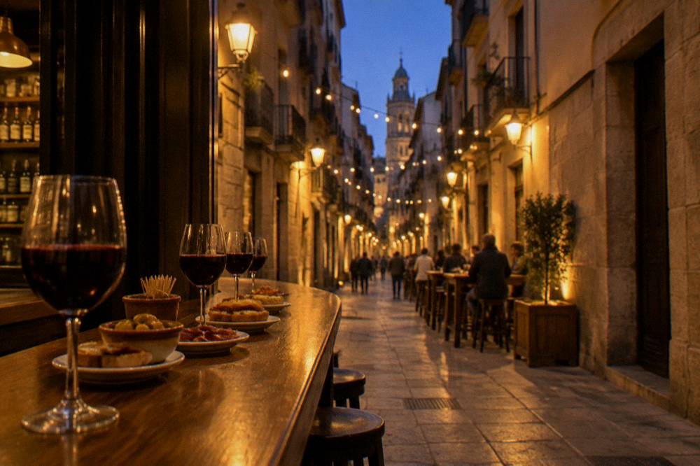 Glasses of red wine and small plates lined along a wooden bar counter at night