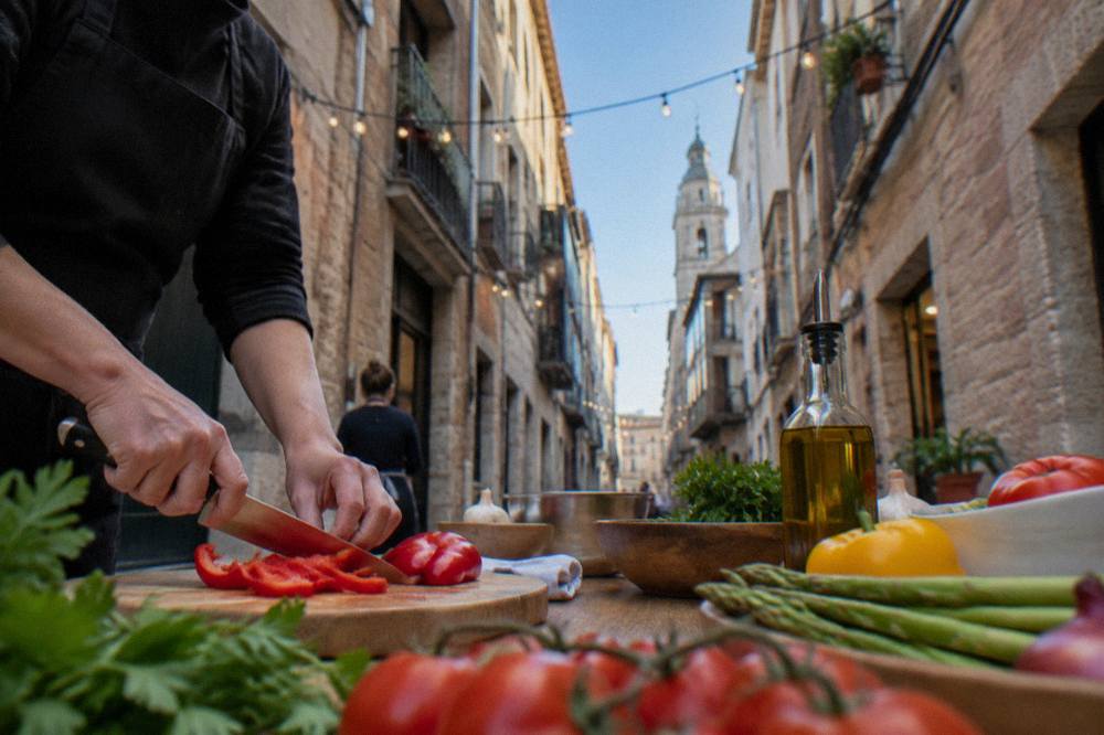 A cooking class worktop with fresh vegetables, olive oil and hands preparing food