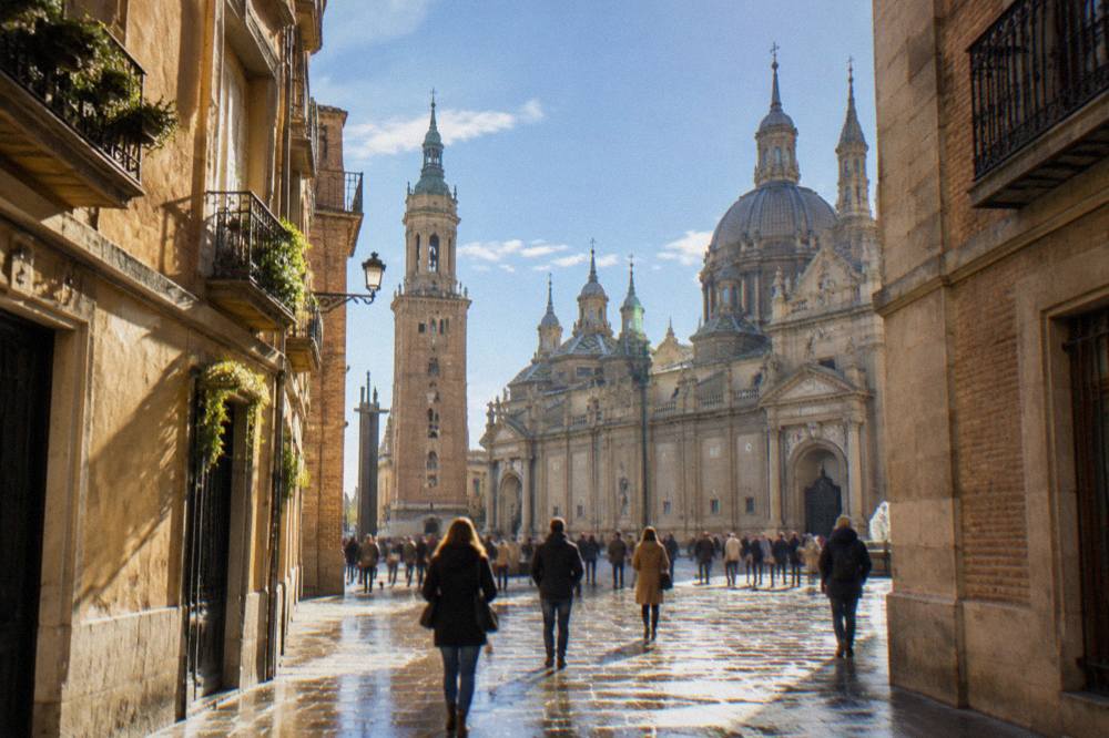 Visitors walking across a sunlit square toward the baroque facade of the Basilica del Pilar