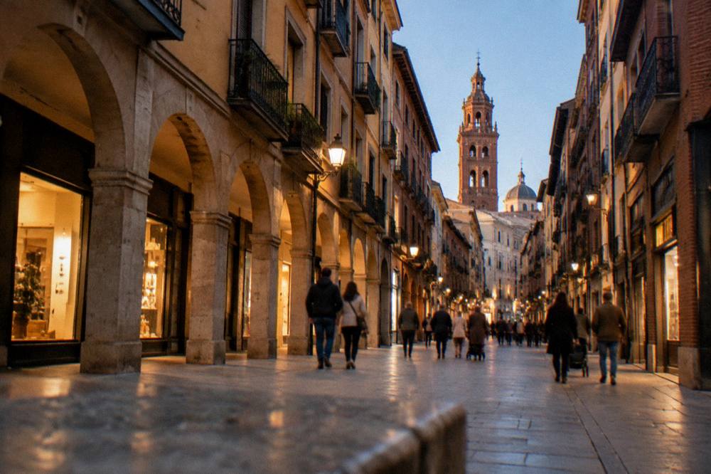 A long arcade street with shops and people strolling under warm evening light