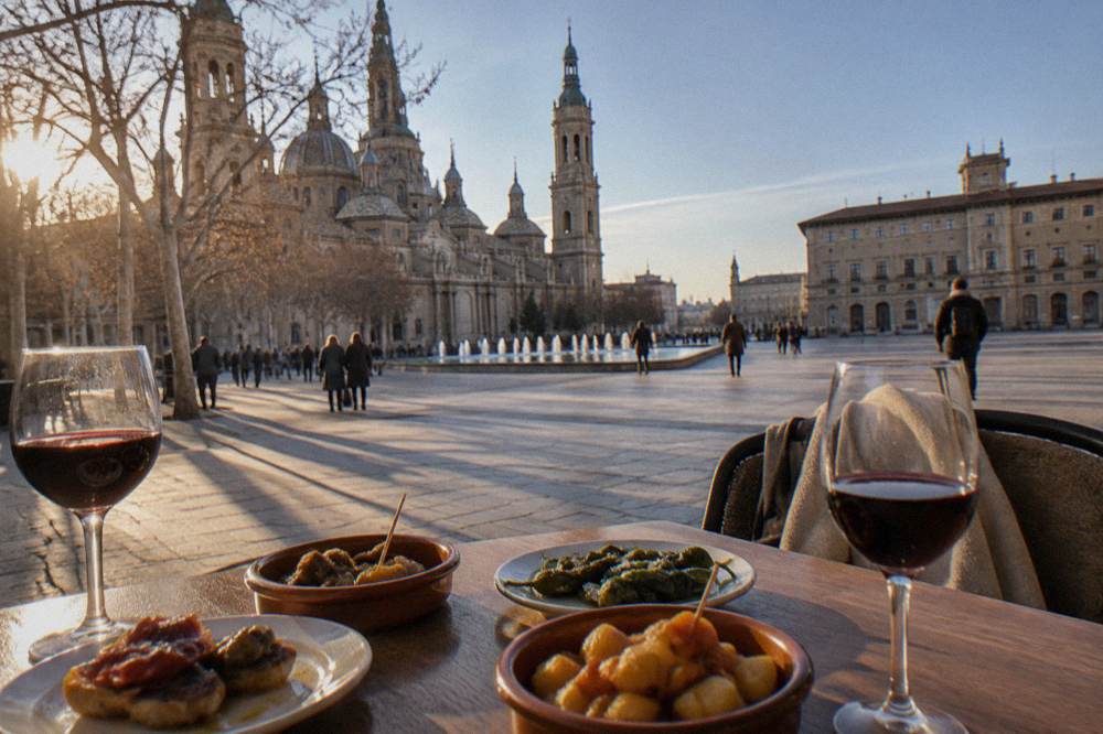 A table of tapas plates and red wine glasses in a warmly lit Zaragoza bar in winter