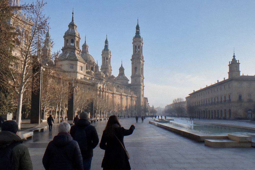 A guide leading a small group of winter visitors through a narrow old-town street in Zaragoza