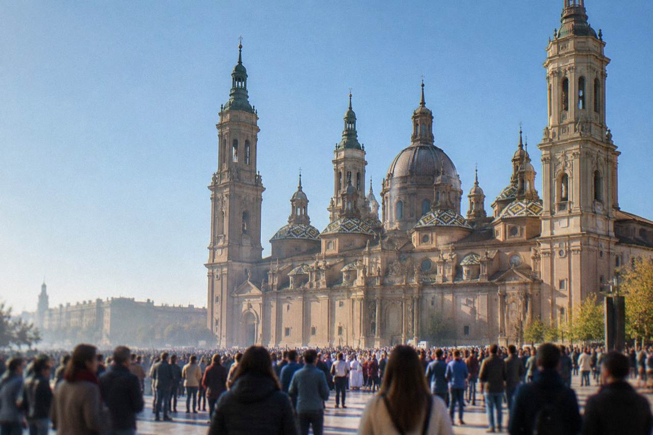 Crowds gathered in a large stone plaza in front of the Basilica of Our Lady of the Pillar during a festival