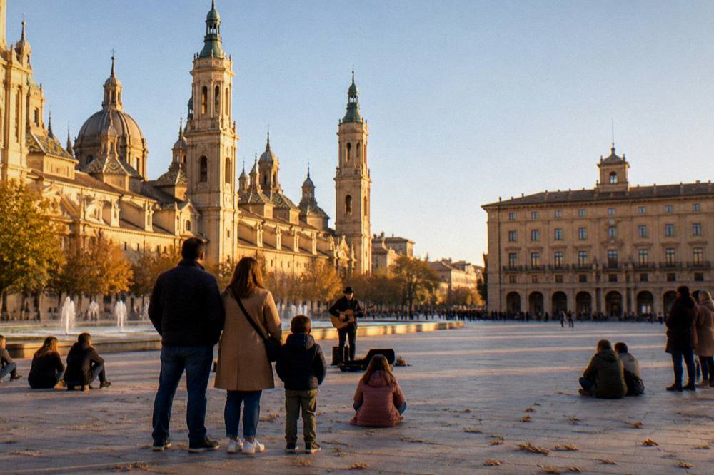 A family in autumn clothes watching a street performance in a historic city centre