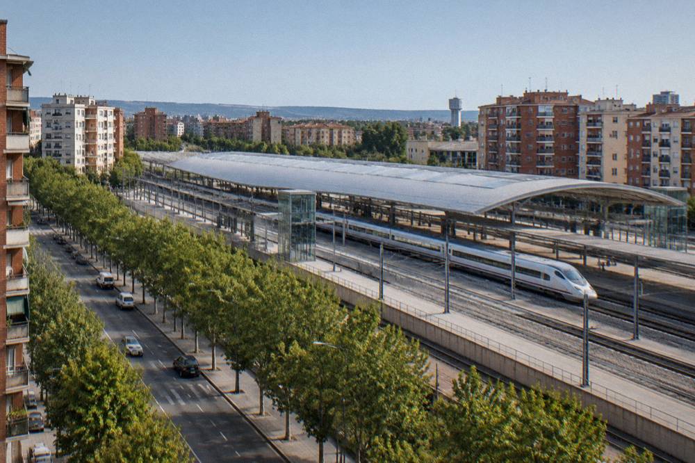 A high-speed train stopped at Zaragoza-Delicias station platform under a long curved roof