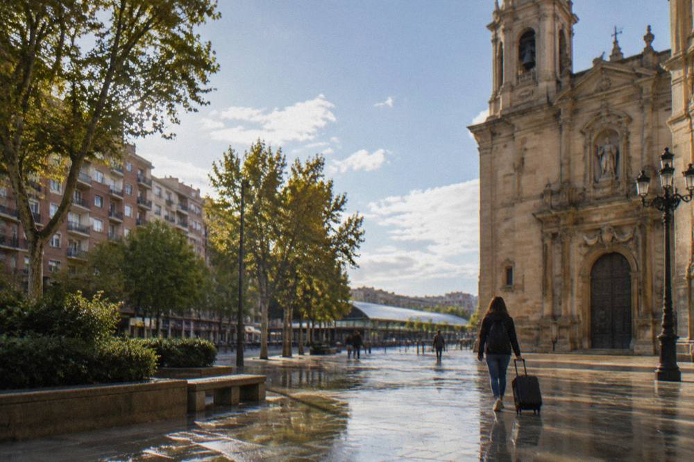 A traveller with a small suitcase walking across a sunlit plaza toward a baroque church facade