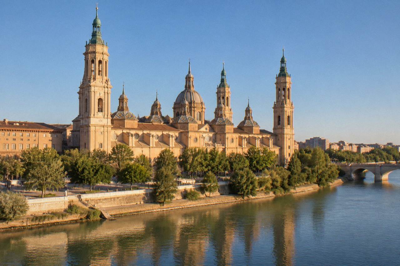 The Basilica del Pilar and its towers rising above the Ebro river in Zaragoza at golden hour