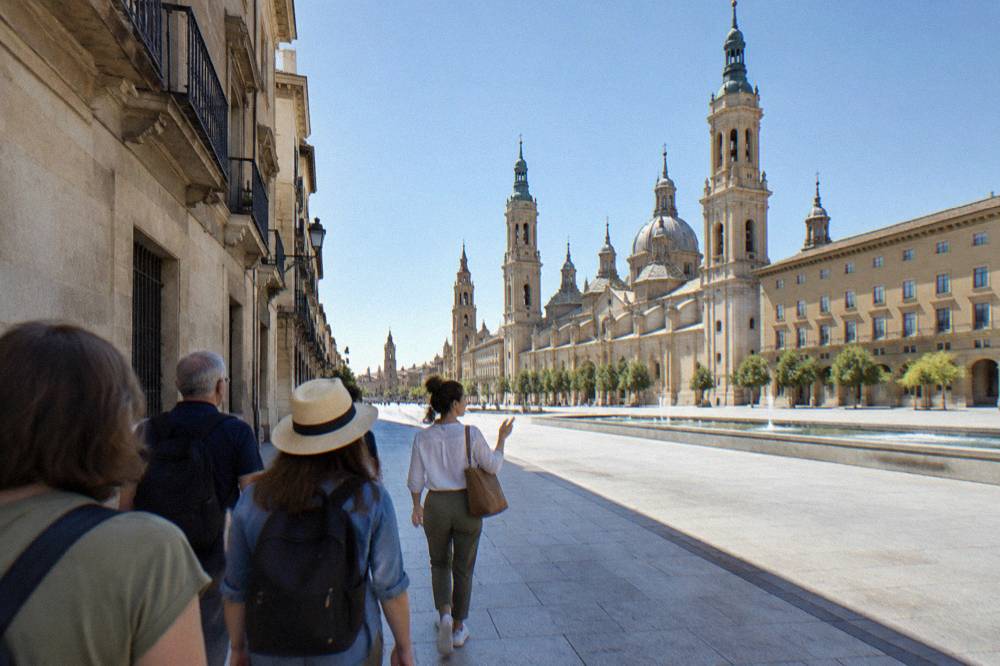 A guide leading a small group of visitors through a narrow street of the Zaragoza old town