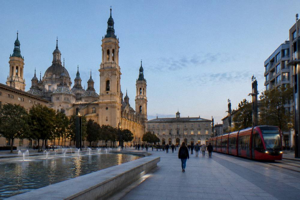 A red tram passing modern buildings on a wide avenue in Zaragoza