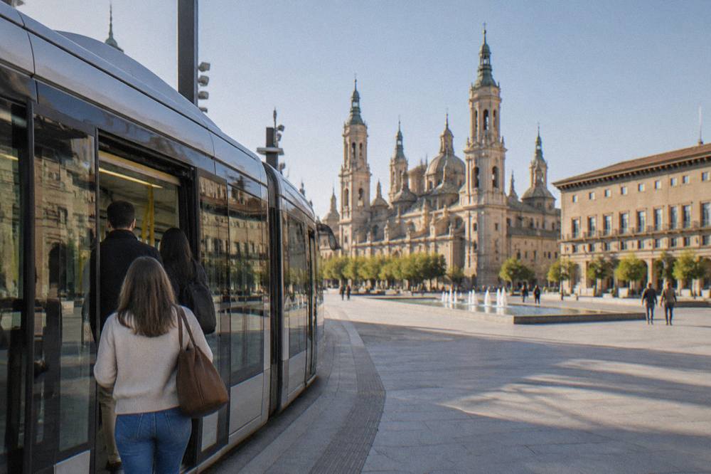 Passengers boarding a tram at a stop in central Zaragoza on a sunny afternoon