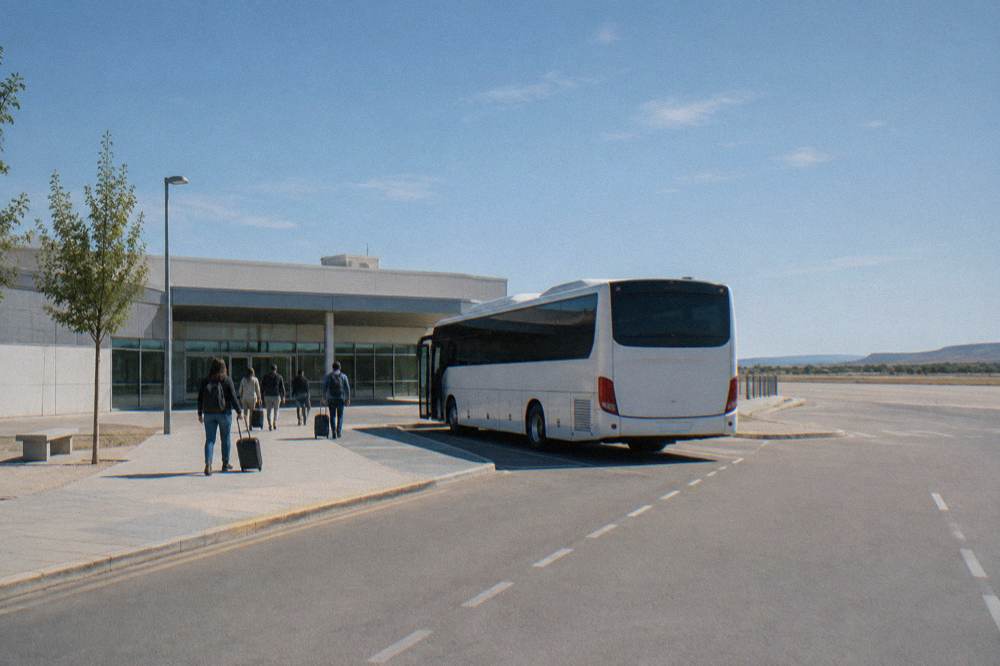 A regional airport bus parked outside a small terminal building under a clear sky