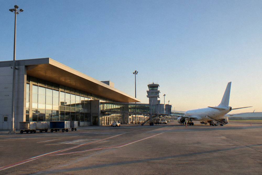 A small regional airport terminal building with a plane at the gate under a clear blue sky