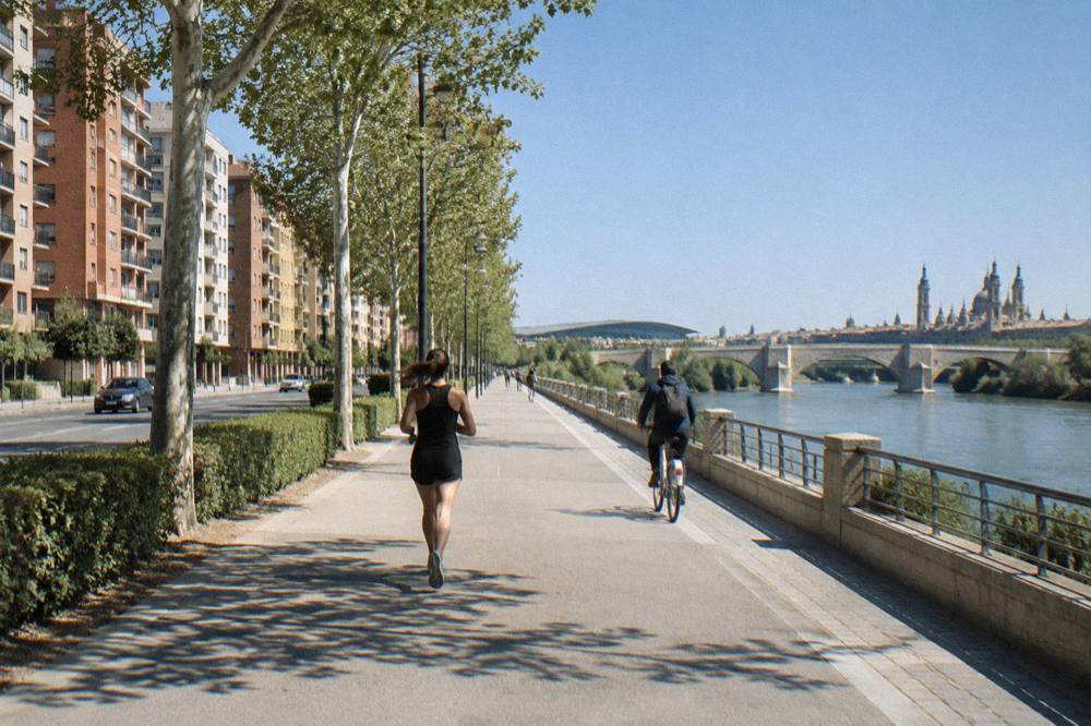 A cyclist on a shared bike riding along a riverside path beside a wide river with a stone bridge in the distance