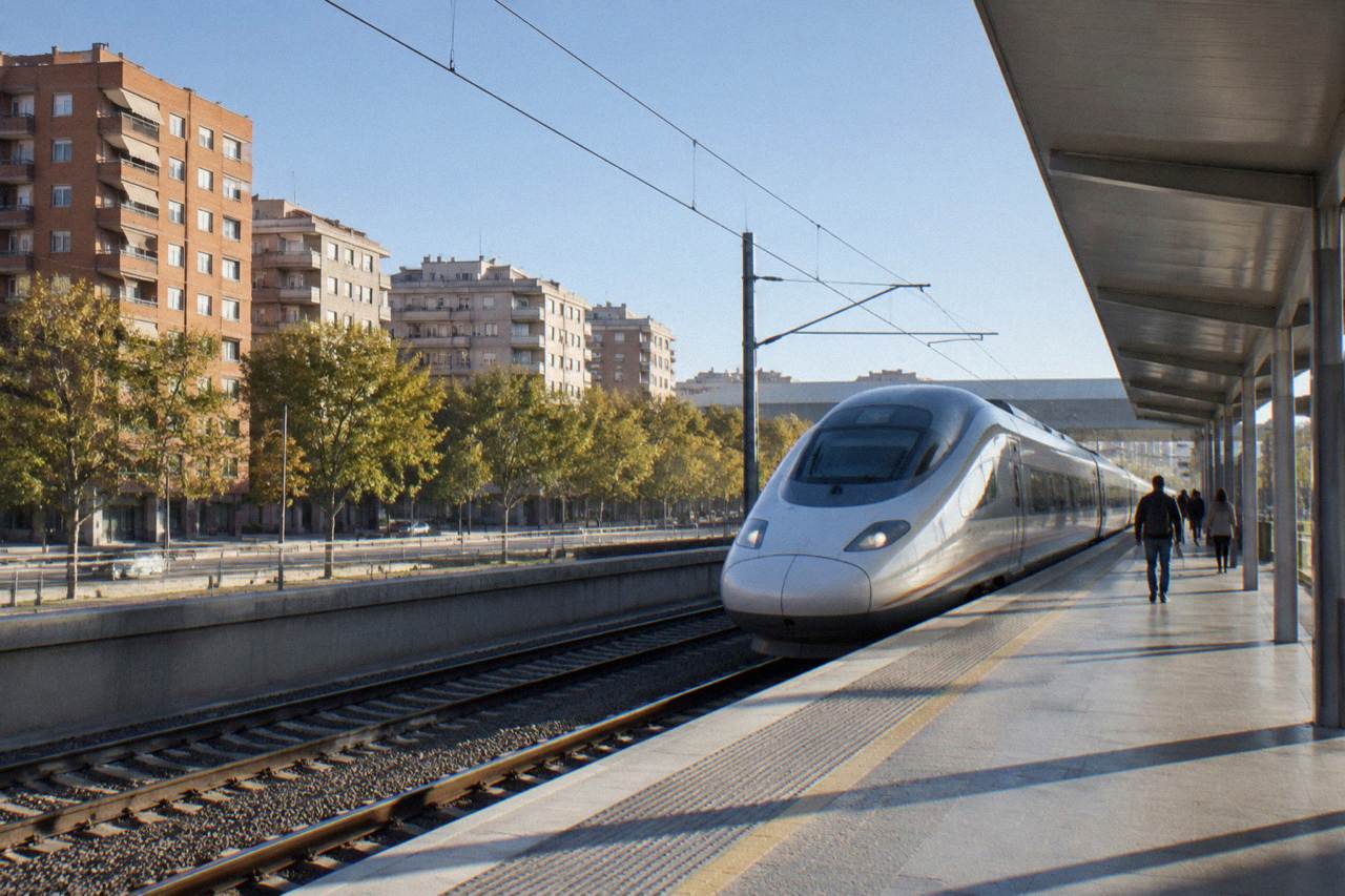A high-speed train standing at a modern station platform under a bright sky