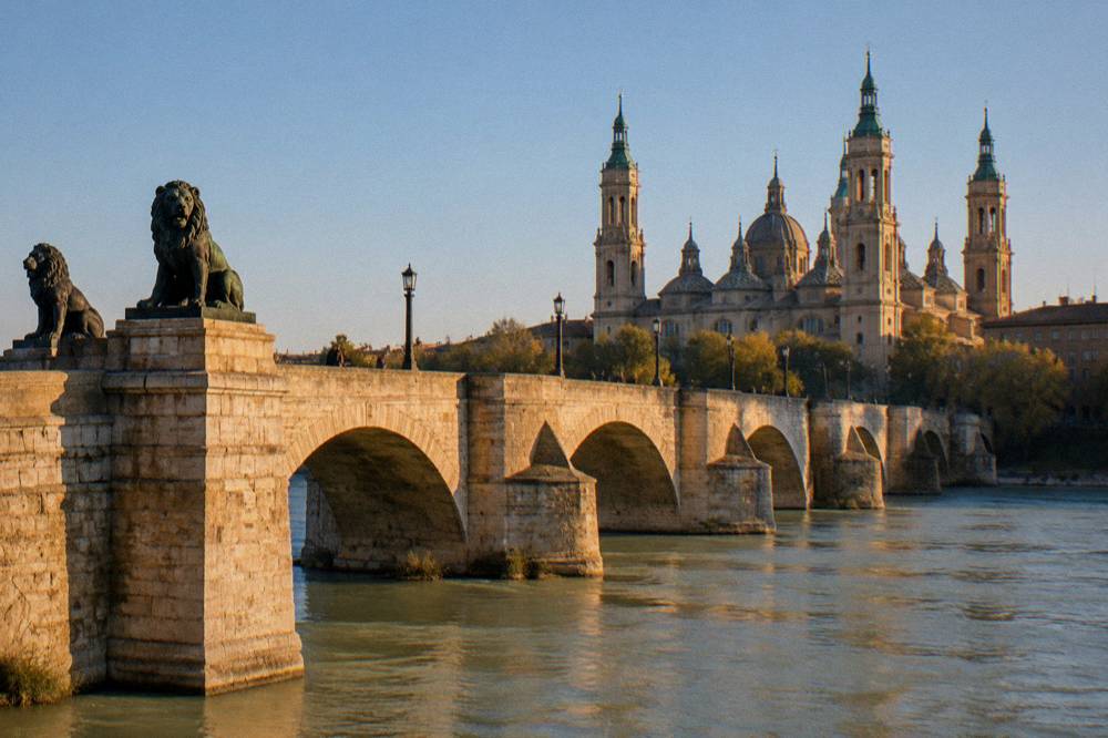A medieval stone bridge with lion statues crossing a wide river toward church domes