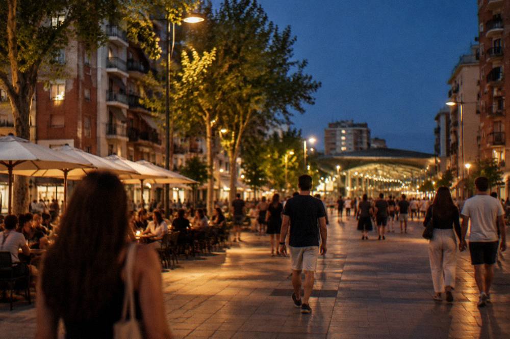 A lit-up European city square at night with crowds walking between cafe terraces