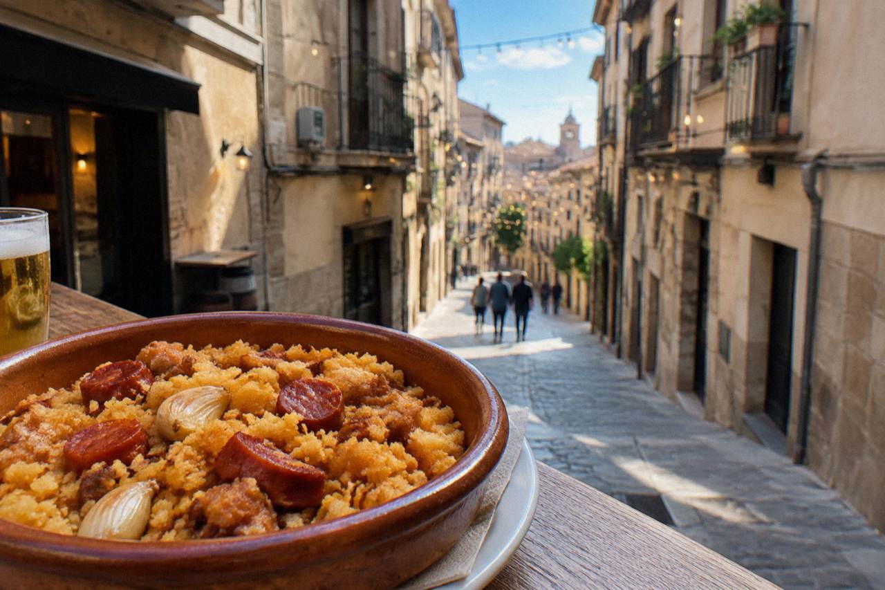 A pan of golden migas aragonesas with garlic and chorizo, served on a rustic plate