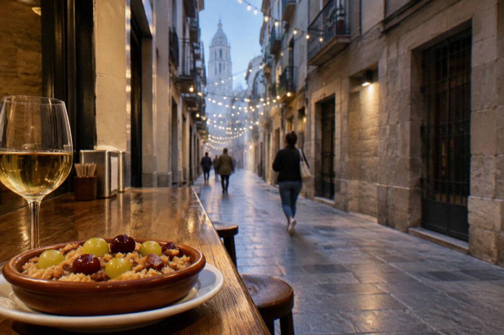 A small clay dish of migas with grapes served on a bar counter in a tapas bar