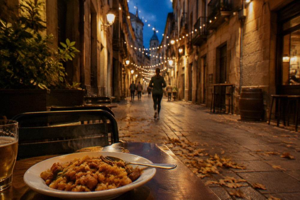 A steaming plate of migas on an outdoor table on a cool autumn evening in a Spanish city square
