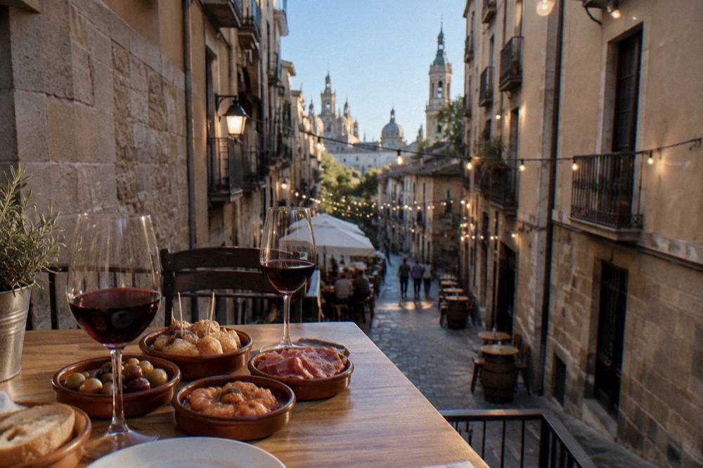 A table set with several small tapas dishes and glasses of red wine in an old-town bar