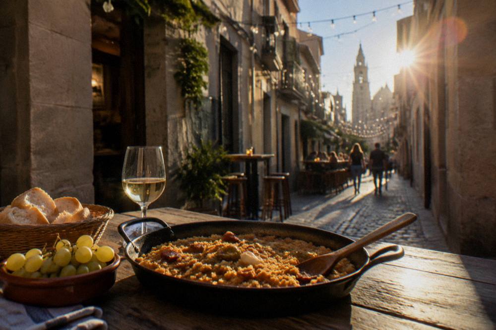 A rustic wooden table in the countryside with a large pan of migas, bread and grapes