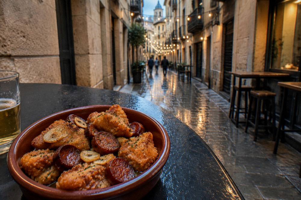 A bowl of golden fried breadcrumbs with garlic and slices of chorizo, photographed close up on a dark table