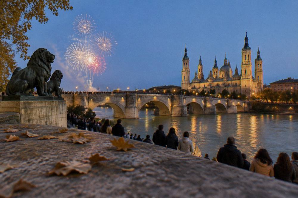 A night crowd watching fireworks above a river with a lit stone bridge and city skyline