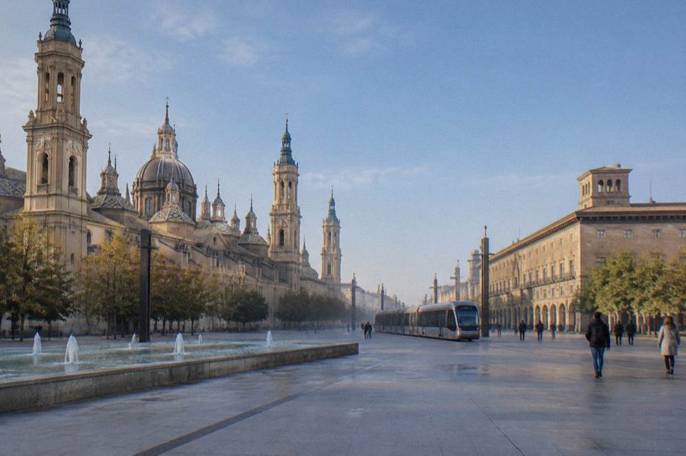 A modern tram passing through a central street in Zaragoza near the old town