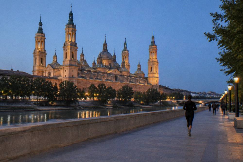 Evening light on the domes and towers of the Basílica del Pilar seen from across the Ebro