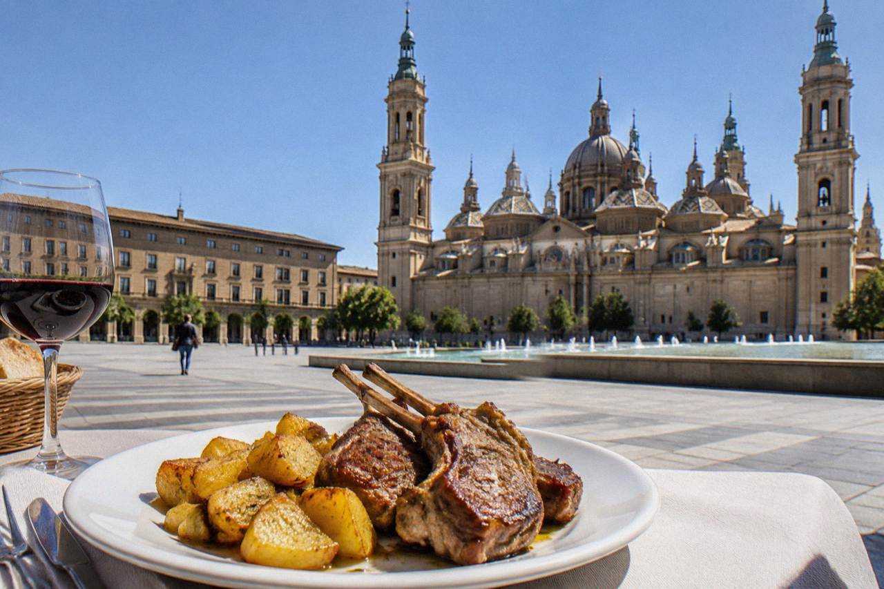 A plate of roasted ternasco lamb chops with potatoes on a restaurant table in Zaragoza