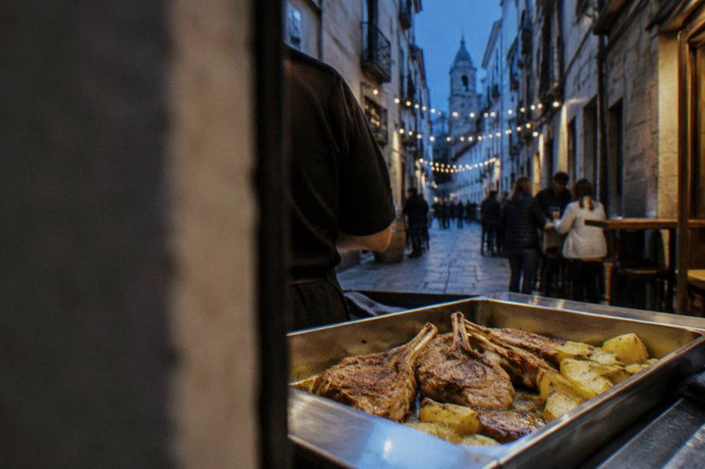 Raw ternasco lamb chops and potato wedges seasoned with olive oil on a roasting tray